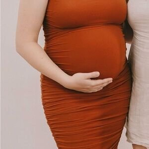 Rust Orange Ruched Maternity Dress